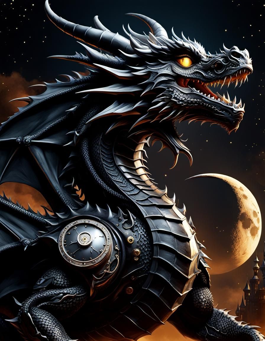 Steampunk Black Dragon in Monochromatic Palette