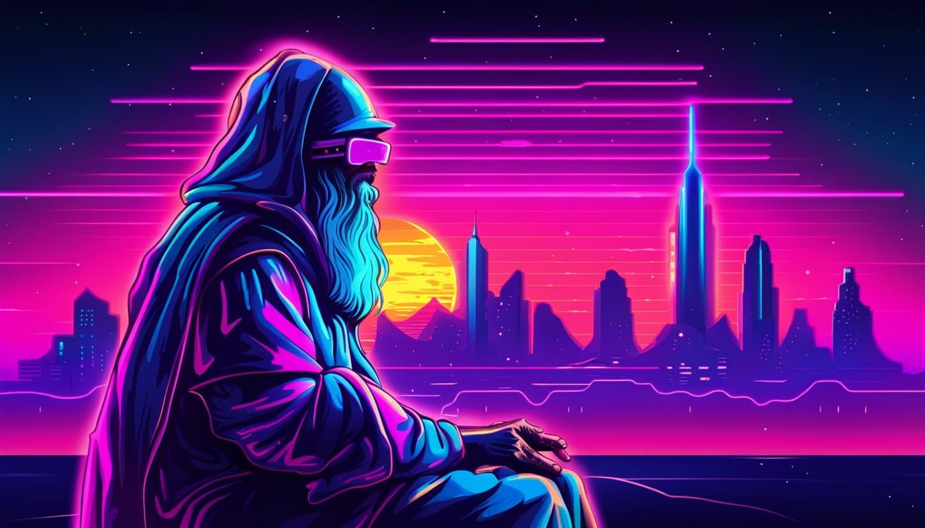 Space Wizard Sunset in Synthwave Neon Style