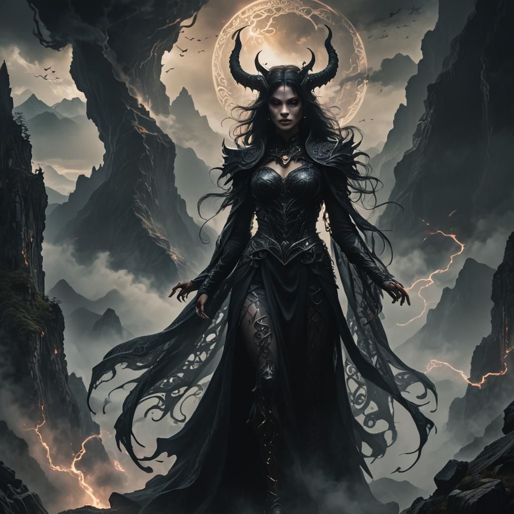 Ethereal Dark Feminine Devil in a Mystical Realm