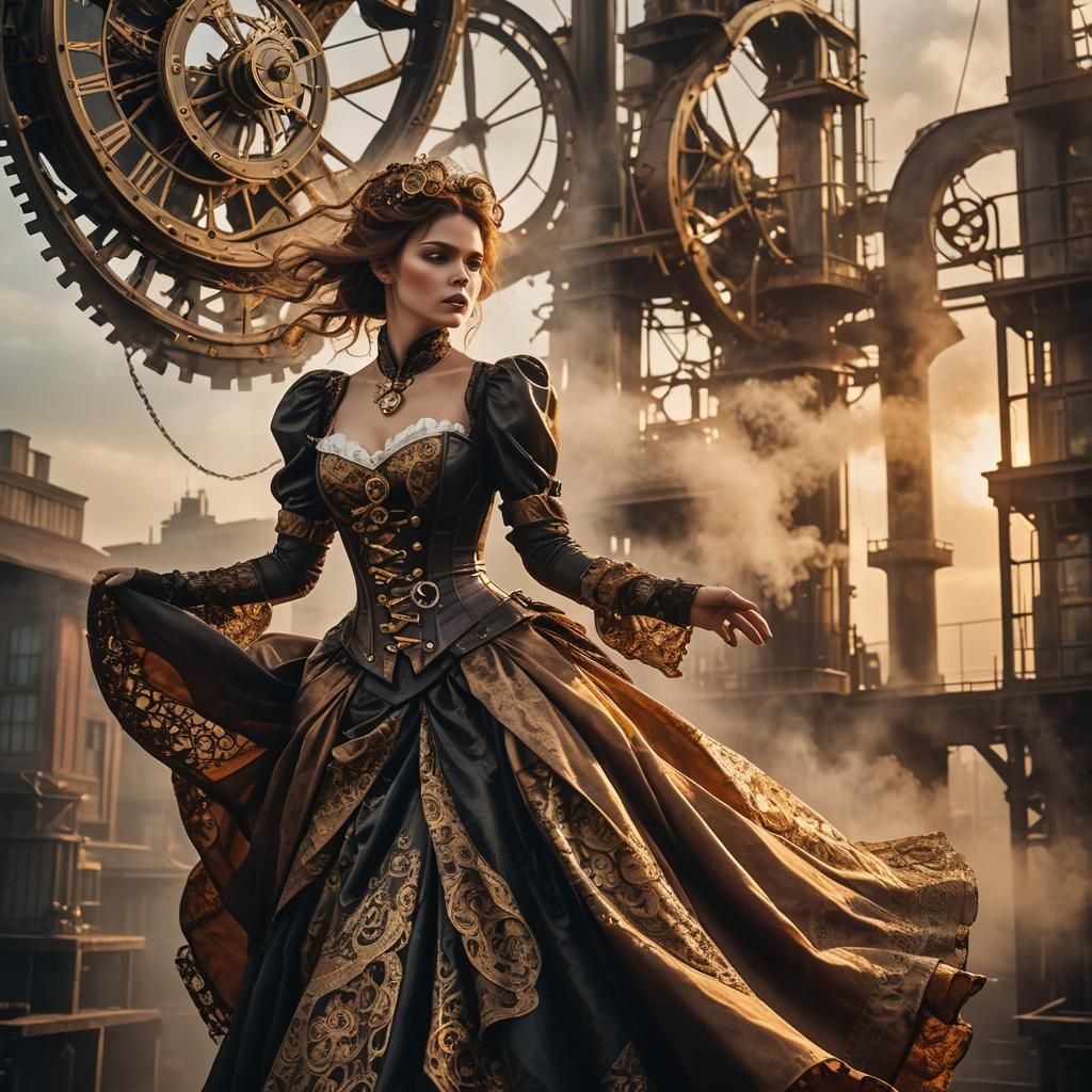 Steampunk Woman Falling Through Victorian Cityscape