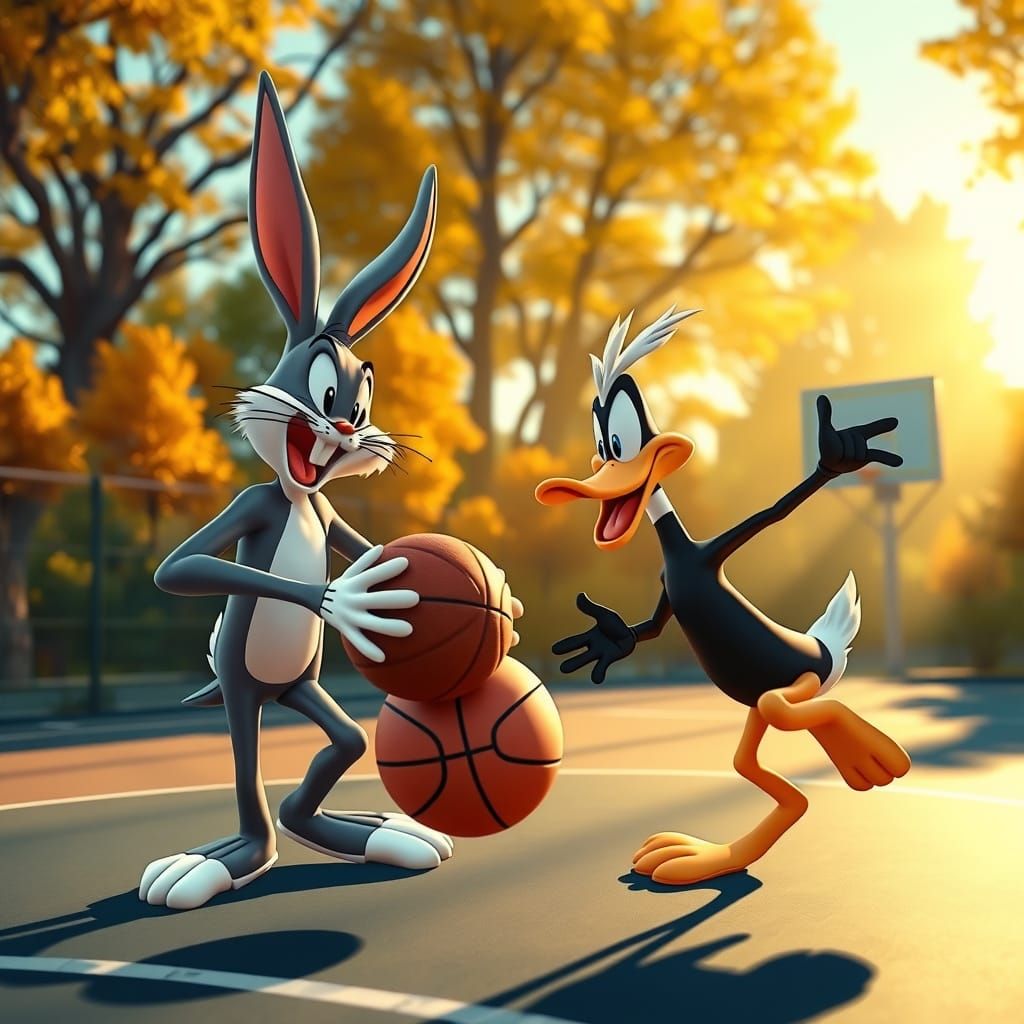 Bugs Bunny and Daffy Duck Compete in a Whimsical Autumn Bask...