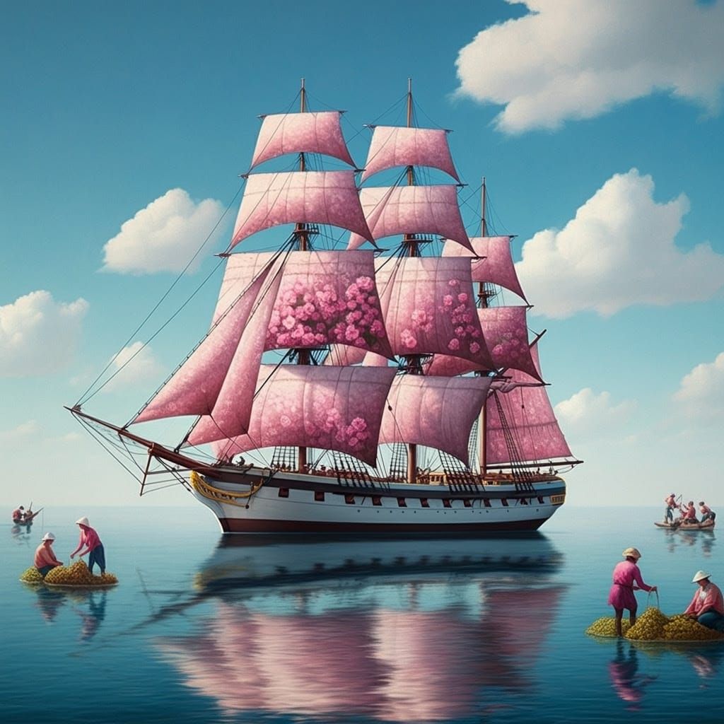 Surreal Maritime Scene with Majestic Pink Flower Ship