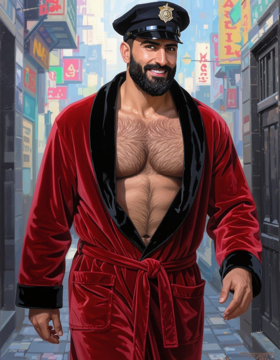 Joyful 58-Year-Old Officer in Velvet Robe Portrait