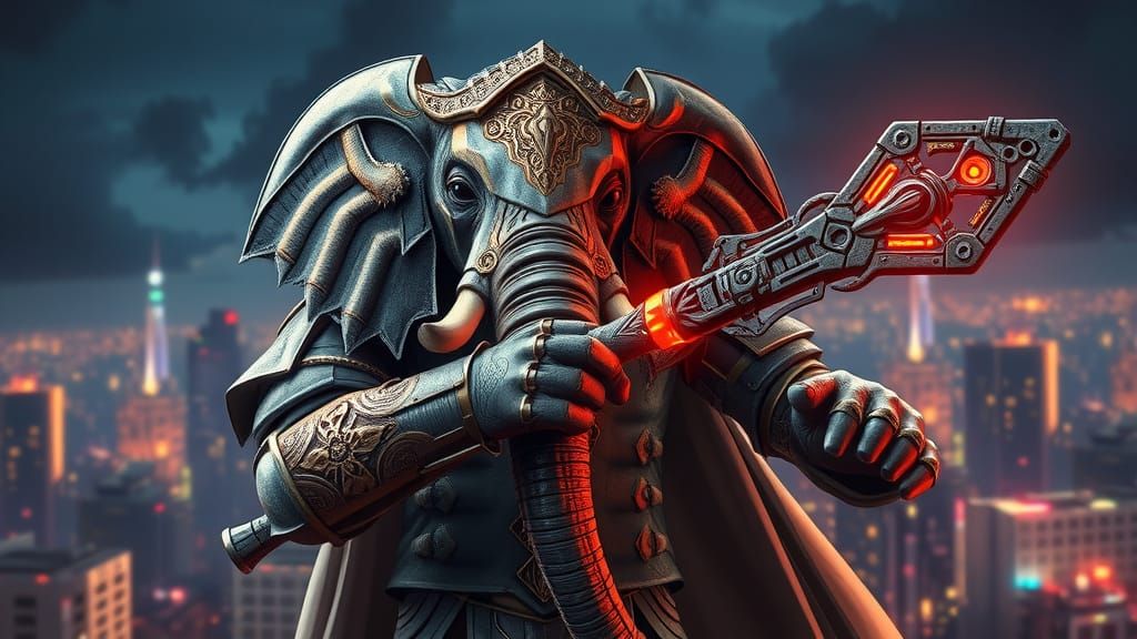 Elephant Knight with Energy Glaive in Sci-Fi Cityscape
