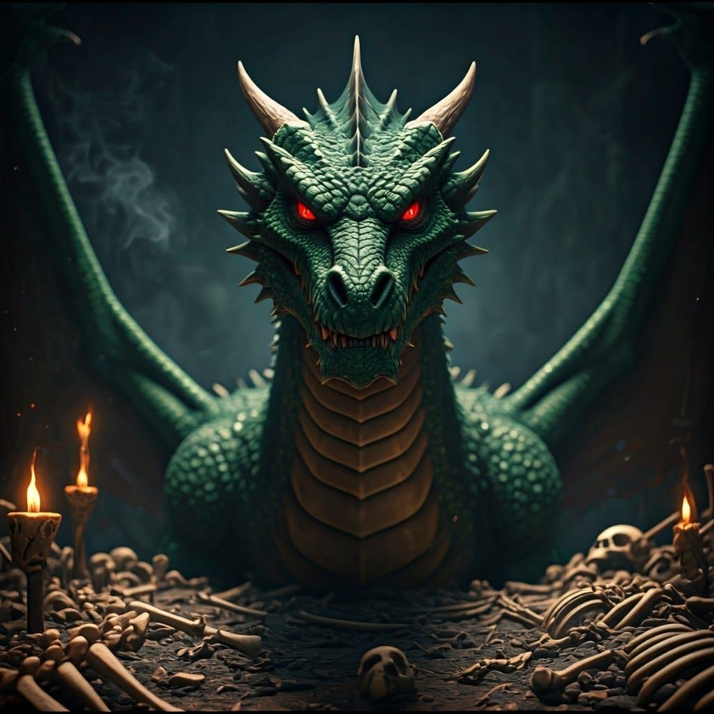 Epic Green Dragon God Amidst Bones and Smoke