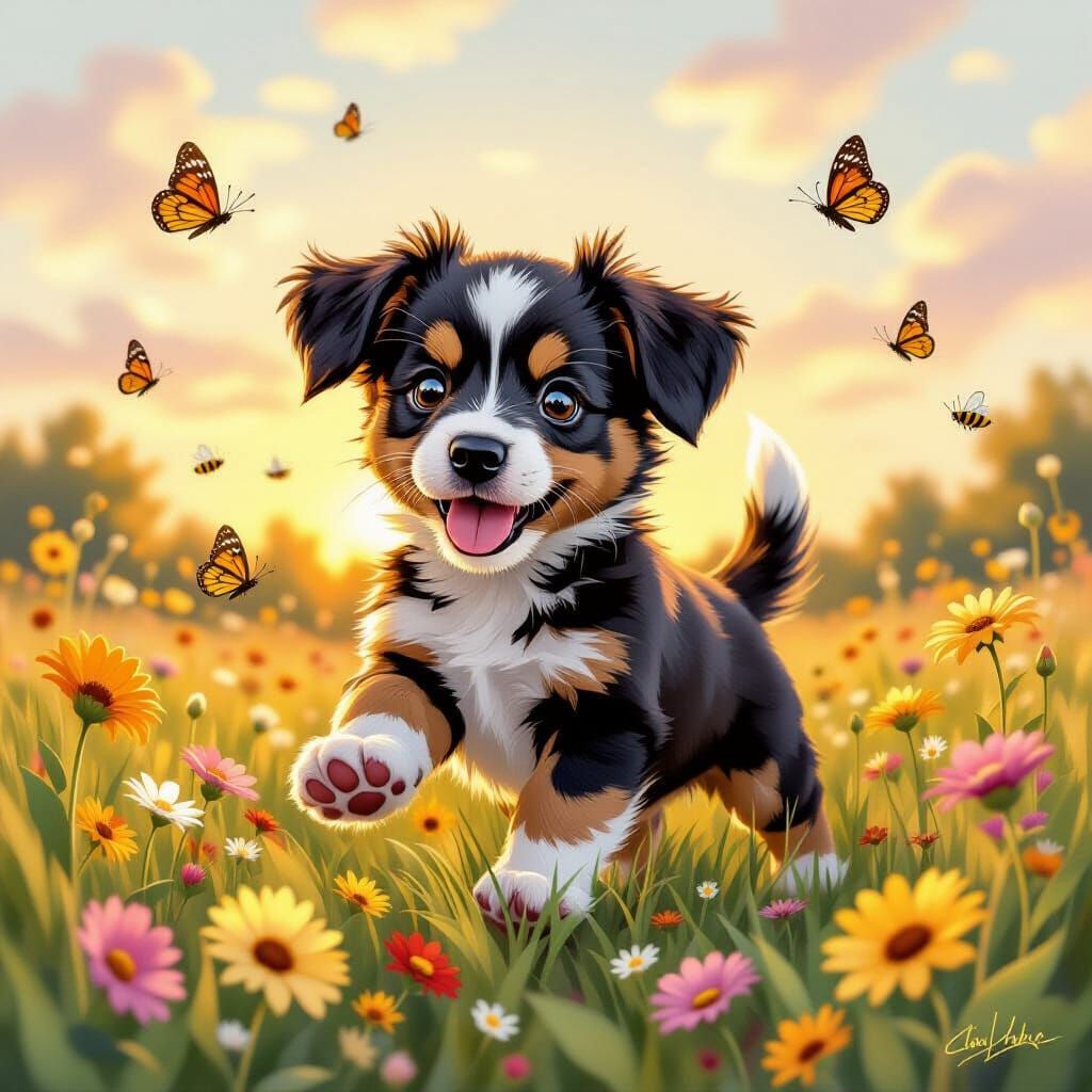 Playful Baby Hellhound in Wildflower Meadow