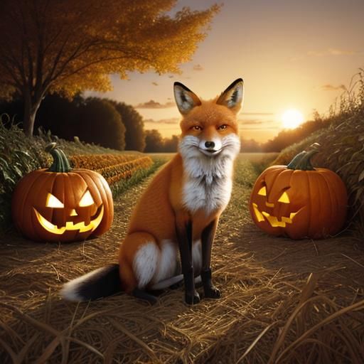 Fox in Pumpkin Field at Golden Sunset