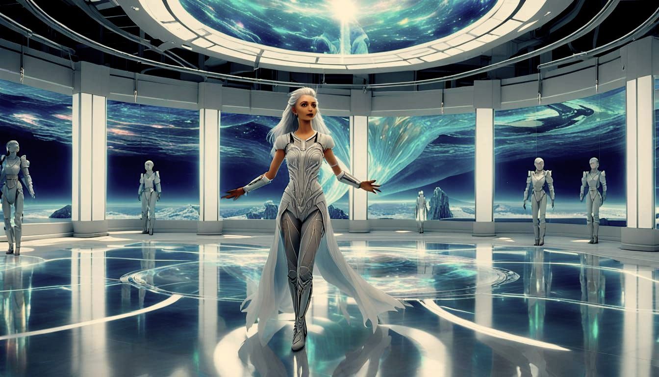 Futuristic Lab: Woman in Holographic Seascape