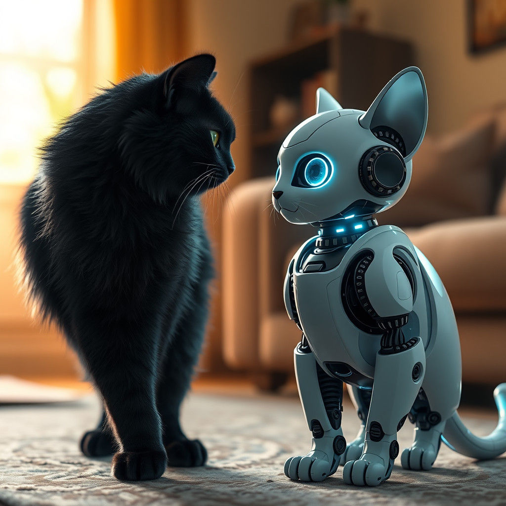 Housecat Hisses at Robotcat in Matte Painting Style