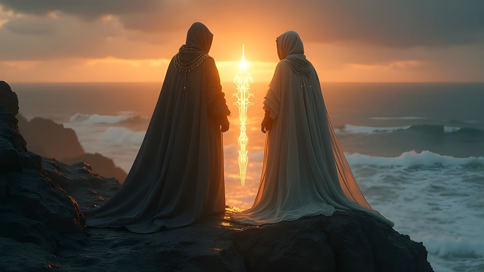 Nordic Fantasy: Figures on Windswept Cliff at Dusk