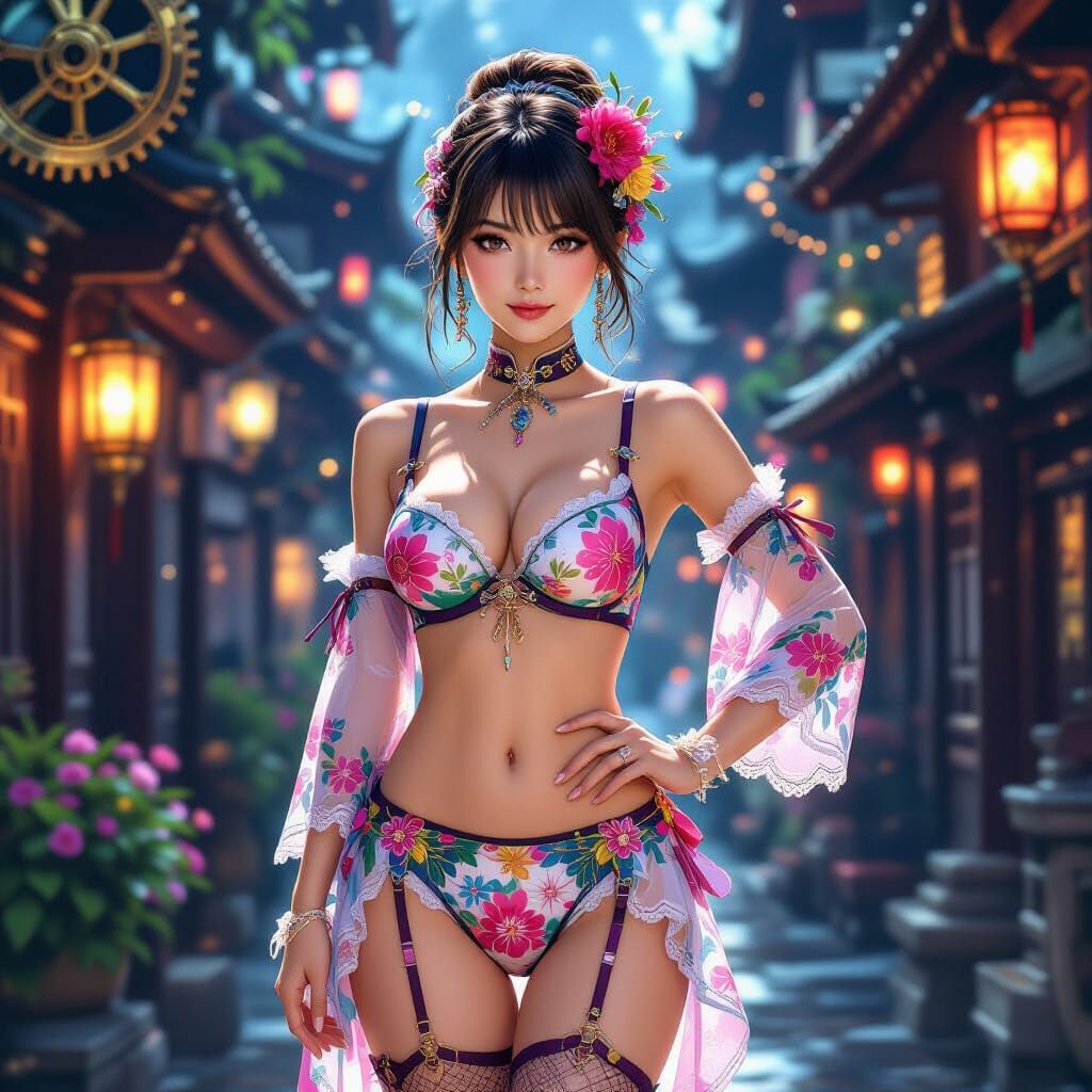 Elegant Steampunk Woman in Vibrant Asian World