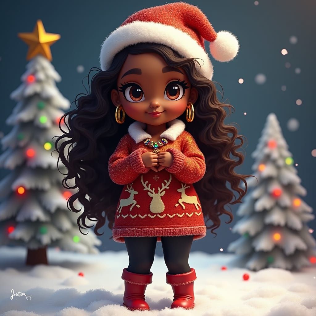 Festive Chibi: African American Woman in Christmas Scene