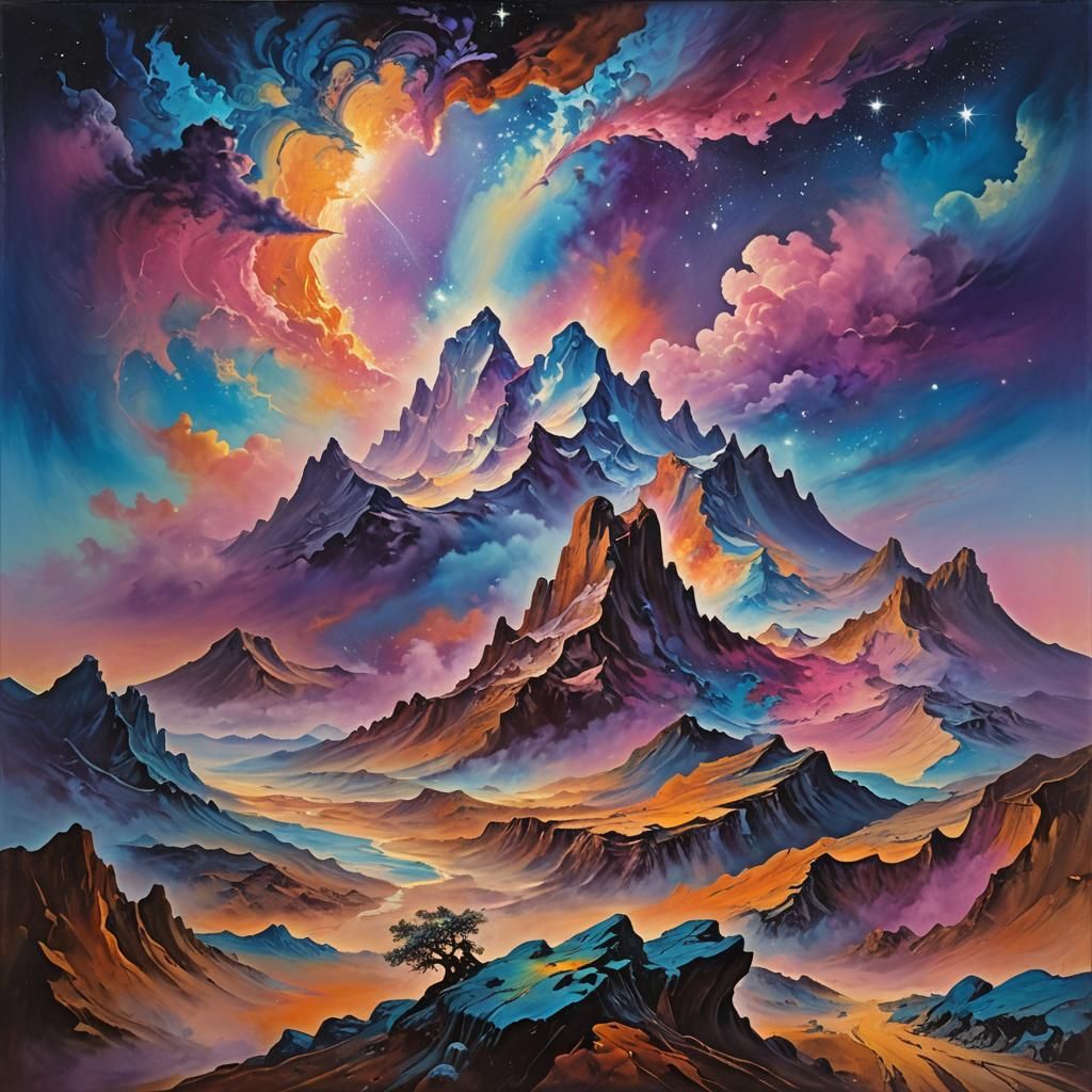 Surreal Mountain Galaxy Oil Painting