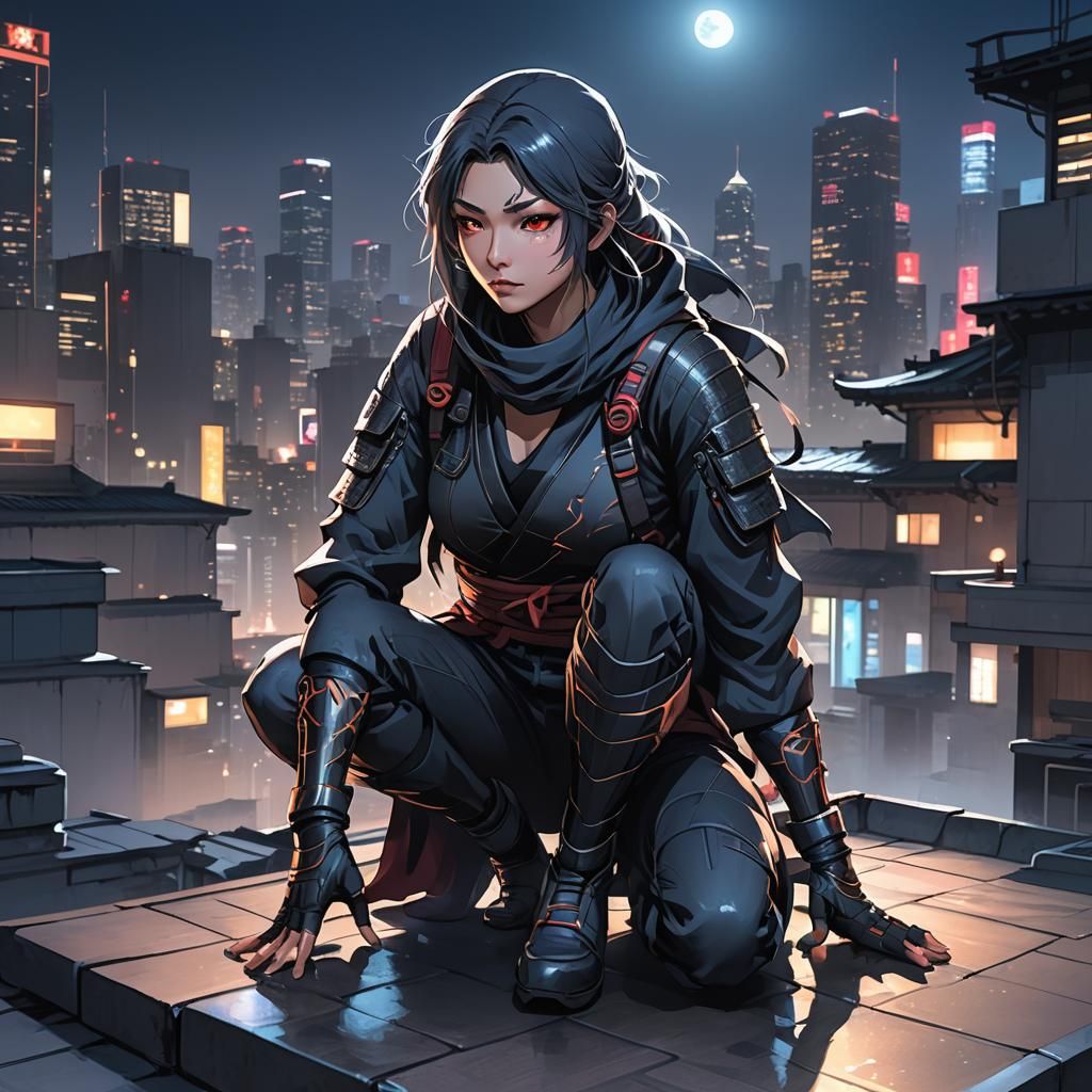 Anime Ninja Woman on Rooftop at Night