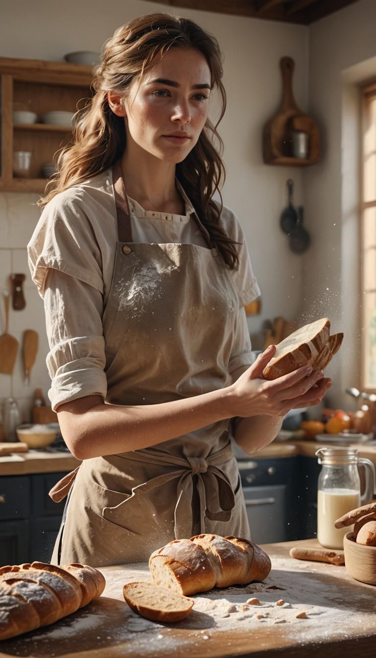 Woman Baking Bread in Sunny Kitchen: Hyperrealistic Digital ...