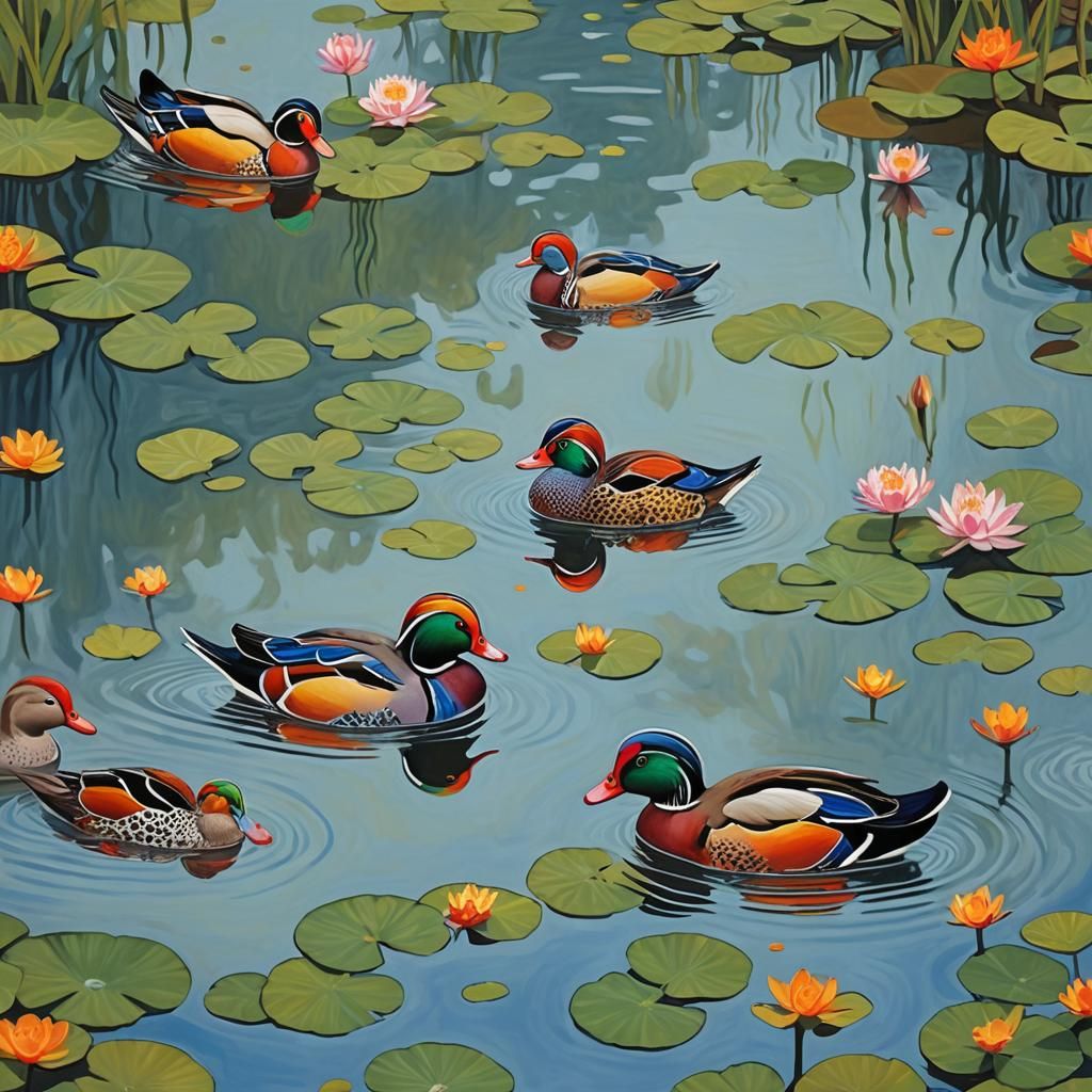 Mandarin Ducks in Pond: Fantastical Digital Painting