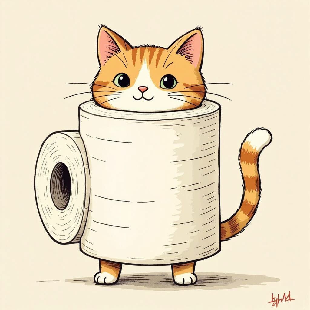 Whimsical Toilet Paper Cat Cartoon Drawing