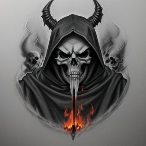 Fiery Grim Reaper Skull Charcoal Drawing