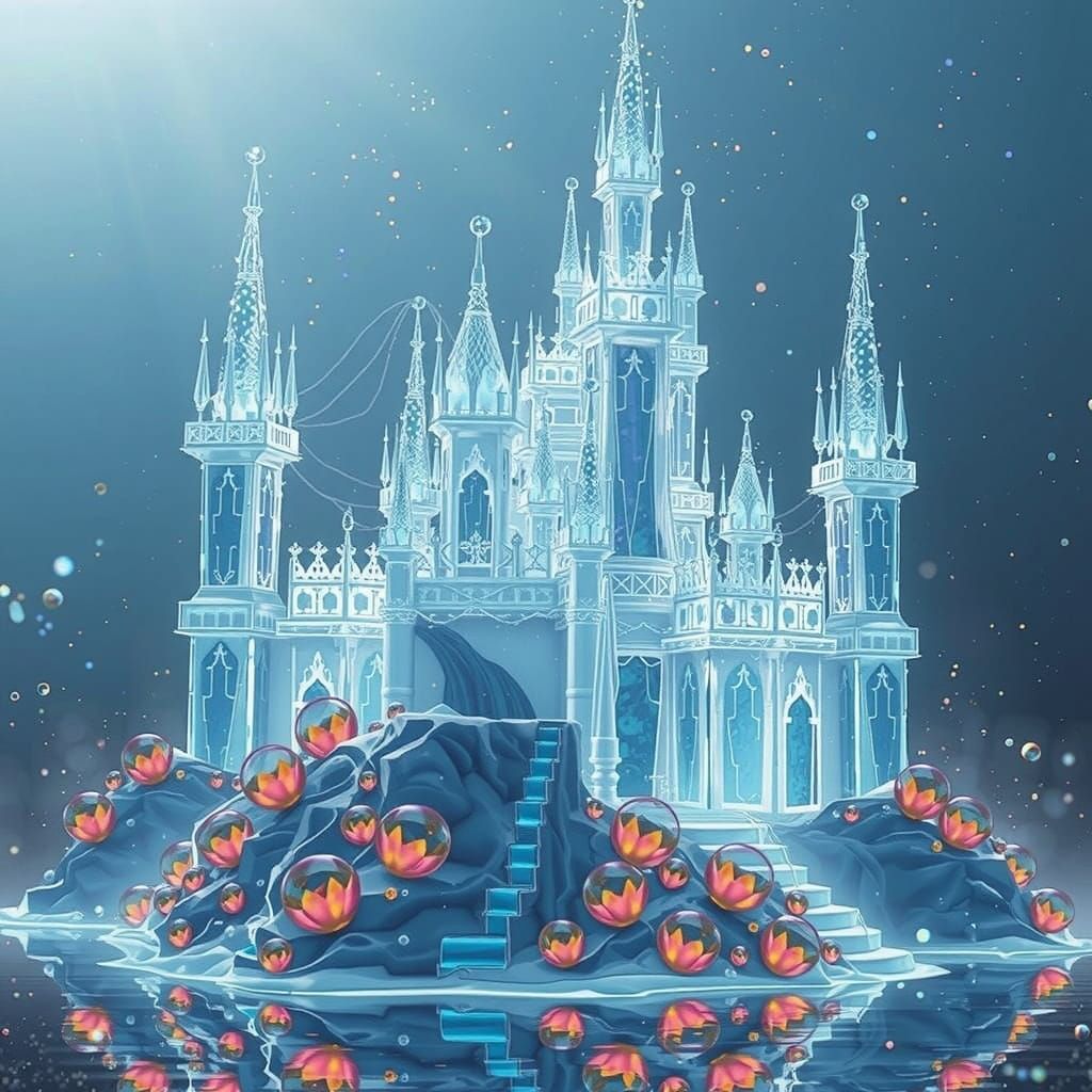 Dreamlike Water Castle in Vibrant, Crystal Clear Hues