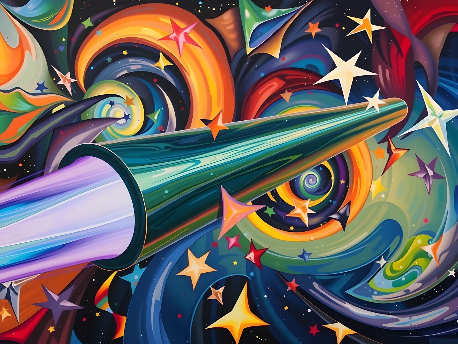 Sleek Mirror-Polished Cylinder with Iridescent Exhaust in Vo...