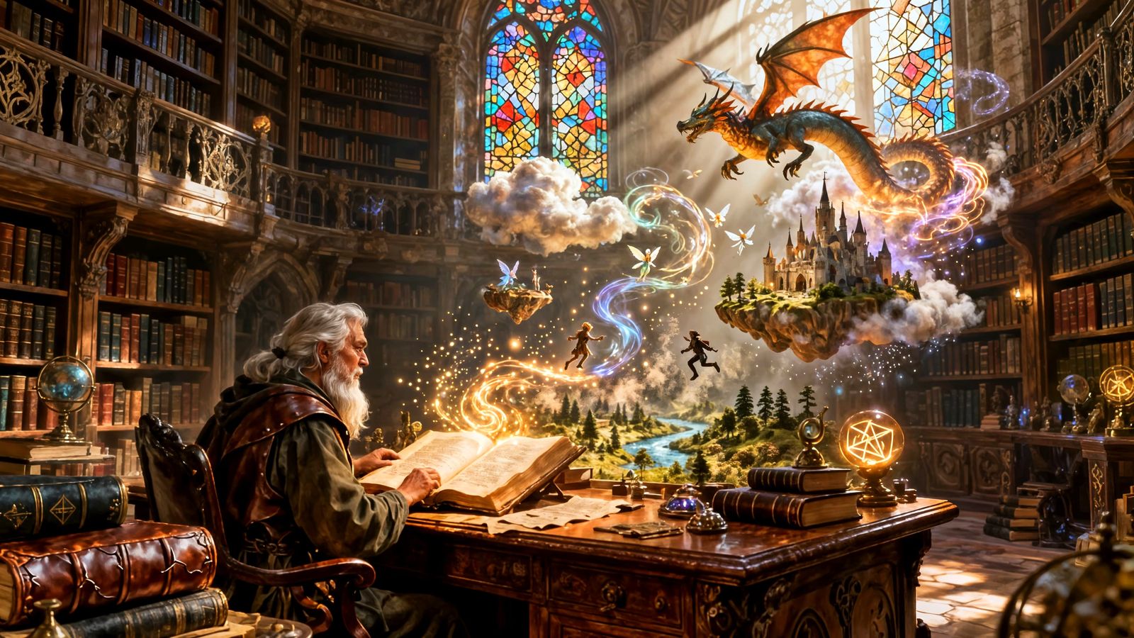 Wise Librarian Unlocks Magical Worlds from Ancient Tome