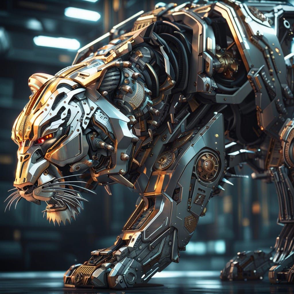 Futuristic Mechanical Saber-Toothed Tiger in Sci-Fi Style