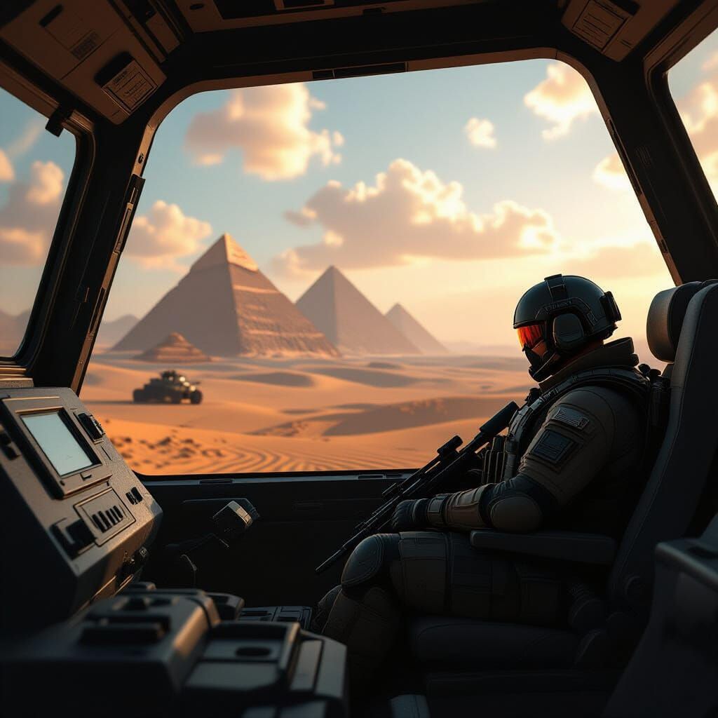 Warrior in Hybrid Military Vehicle in Desert Landscape