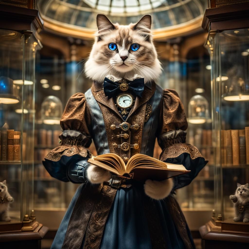 Steampunk Ragdoll Cat in Museum of Knowledge