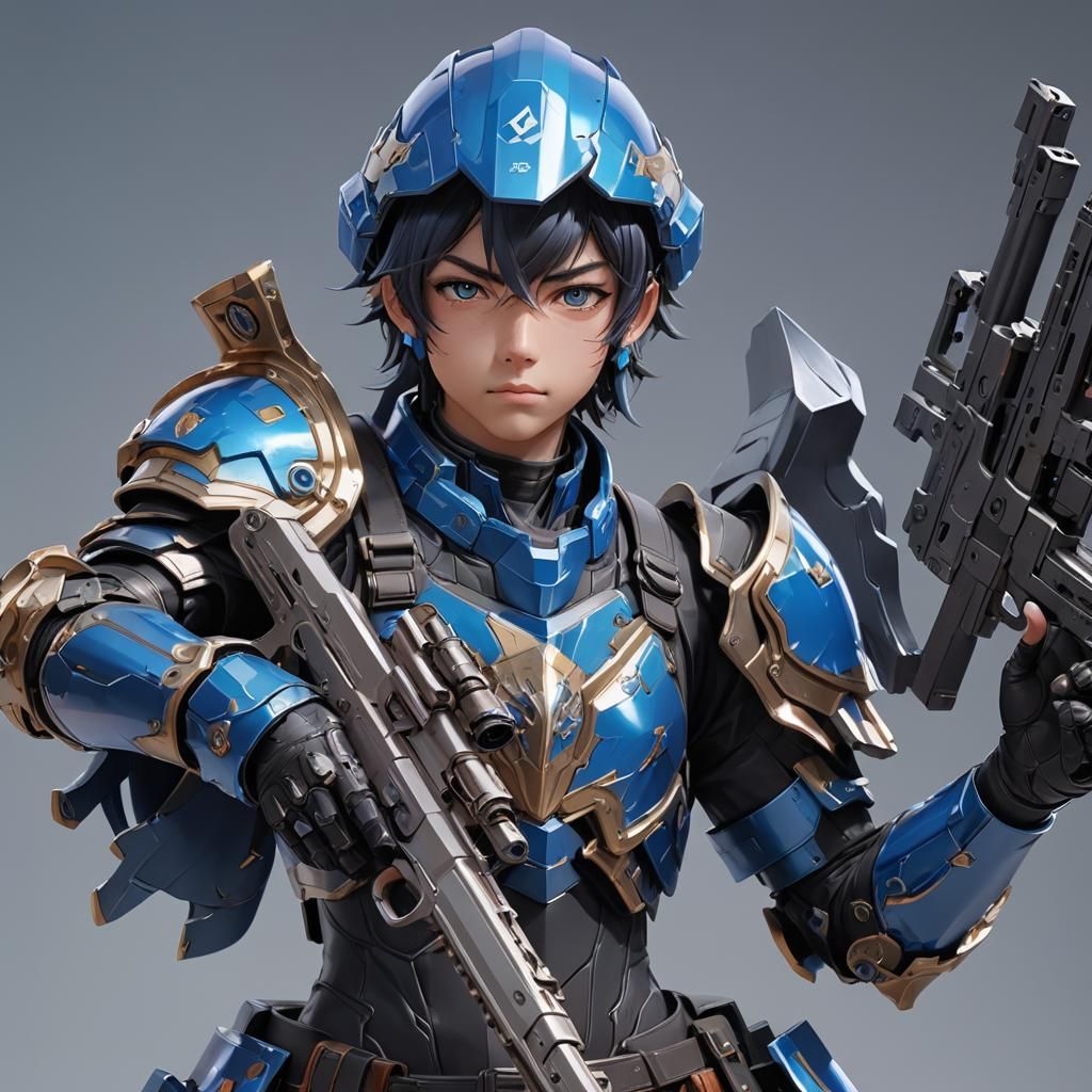Anime Boy in Blue Armor with Gun, 3D Render