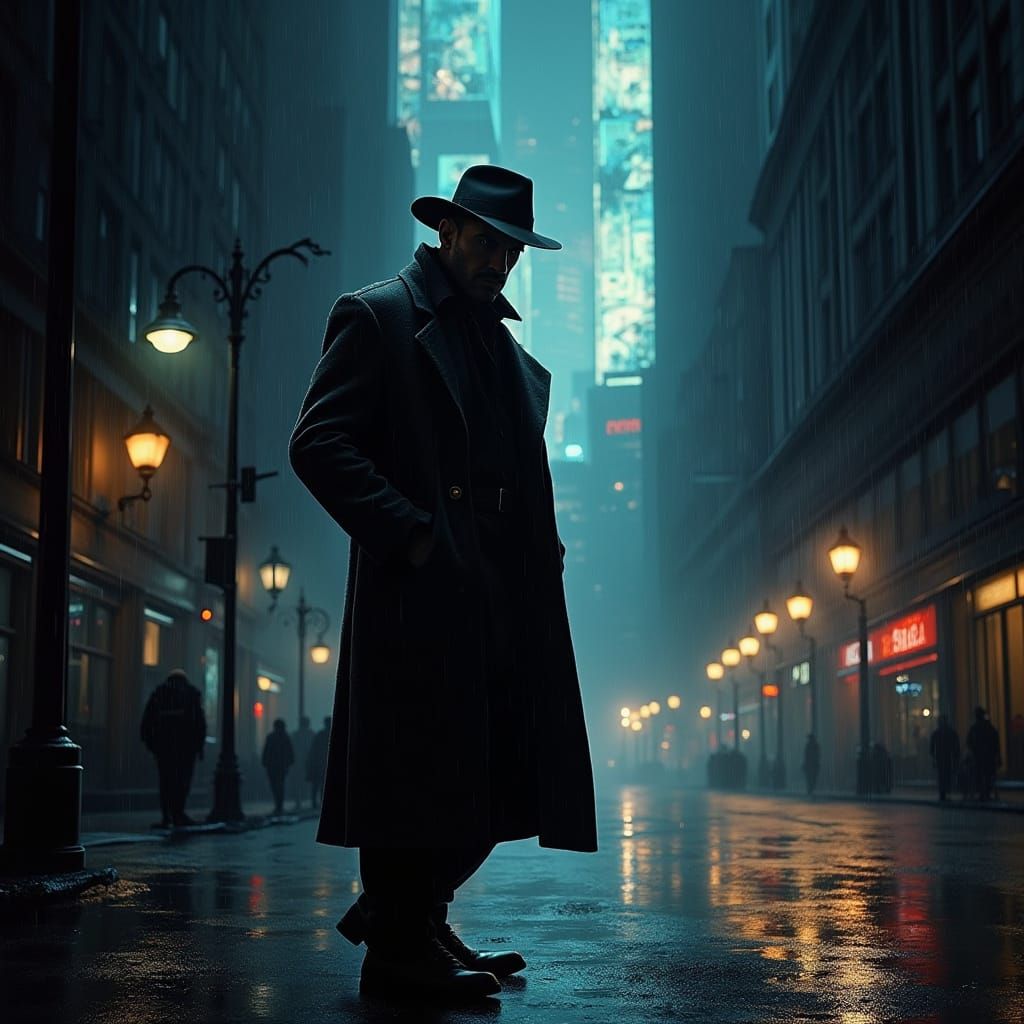 Neo-Noir Detective in Rain-Slicked Cityscape