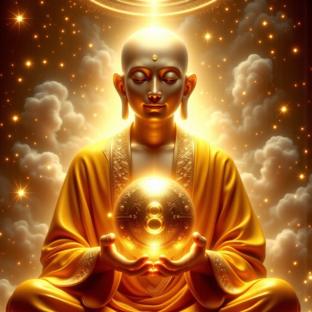 Buddha Surrounded by Symbols of Abundance and Infinity