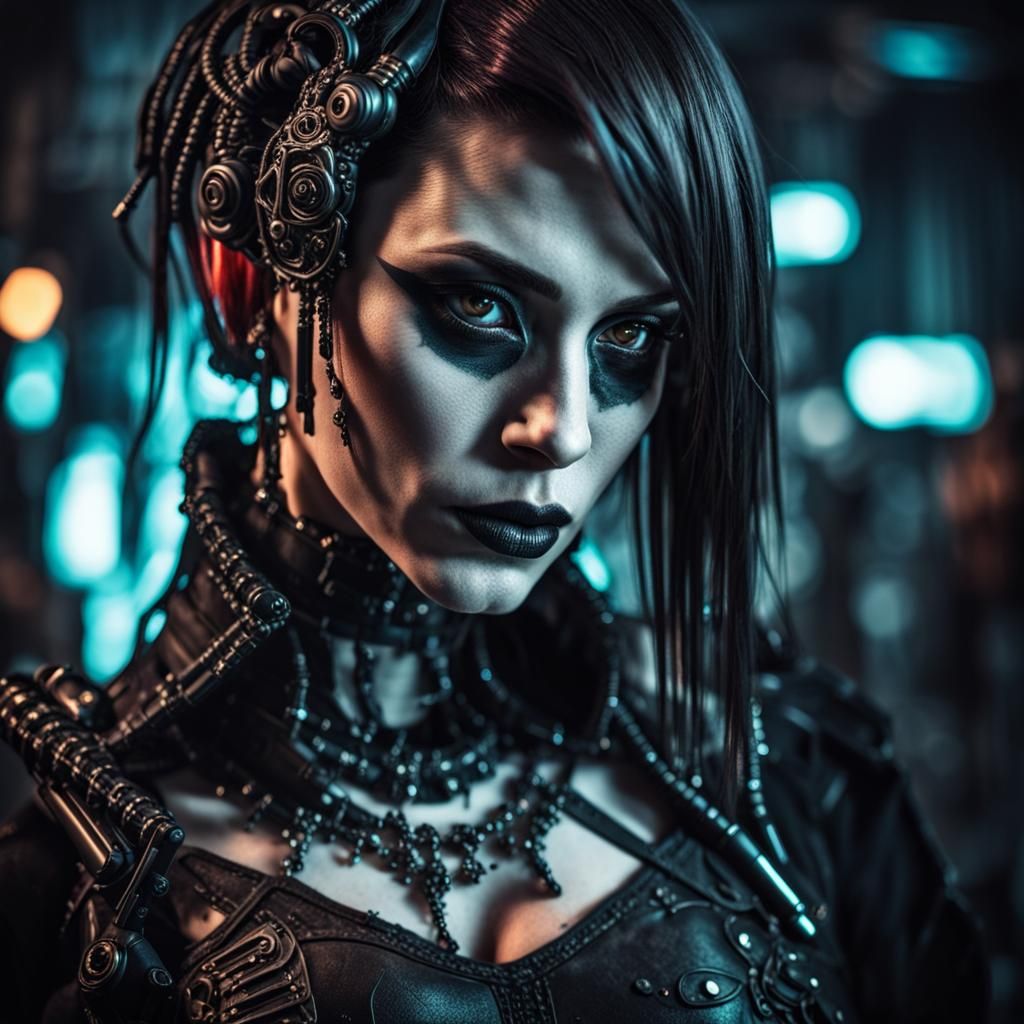 Gothic Cyberpunk Woman Portrait in Hyperrealistic Style