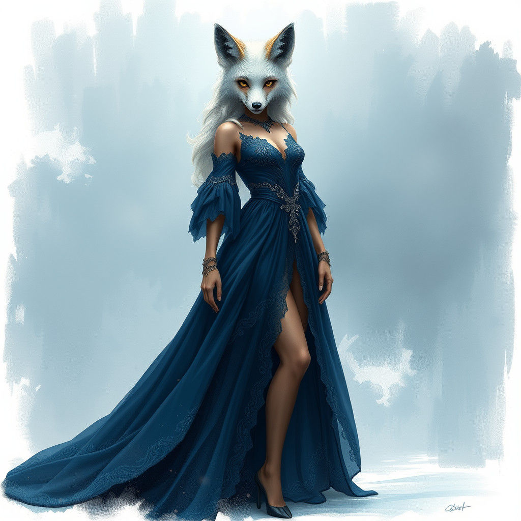 Fox Woman in Indigo Gown, Fantasy Concept Art