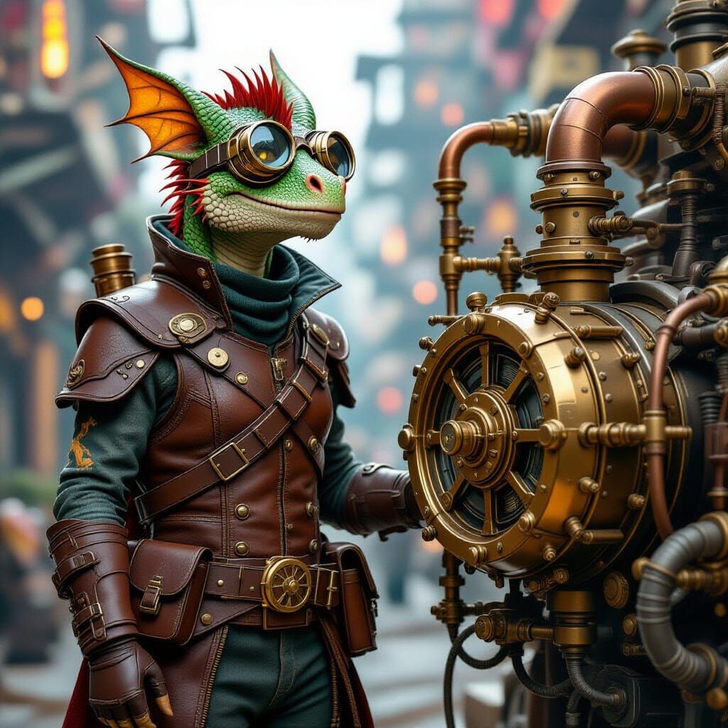 Steampunk Dragonkin Explorer with Intricate Engine