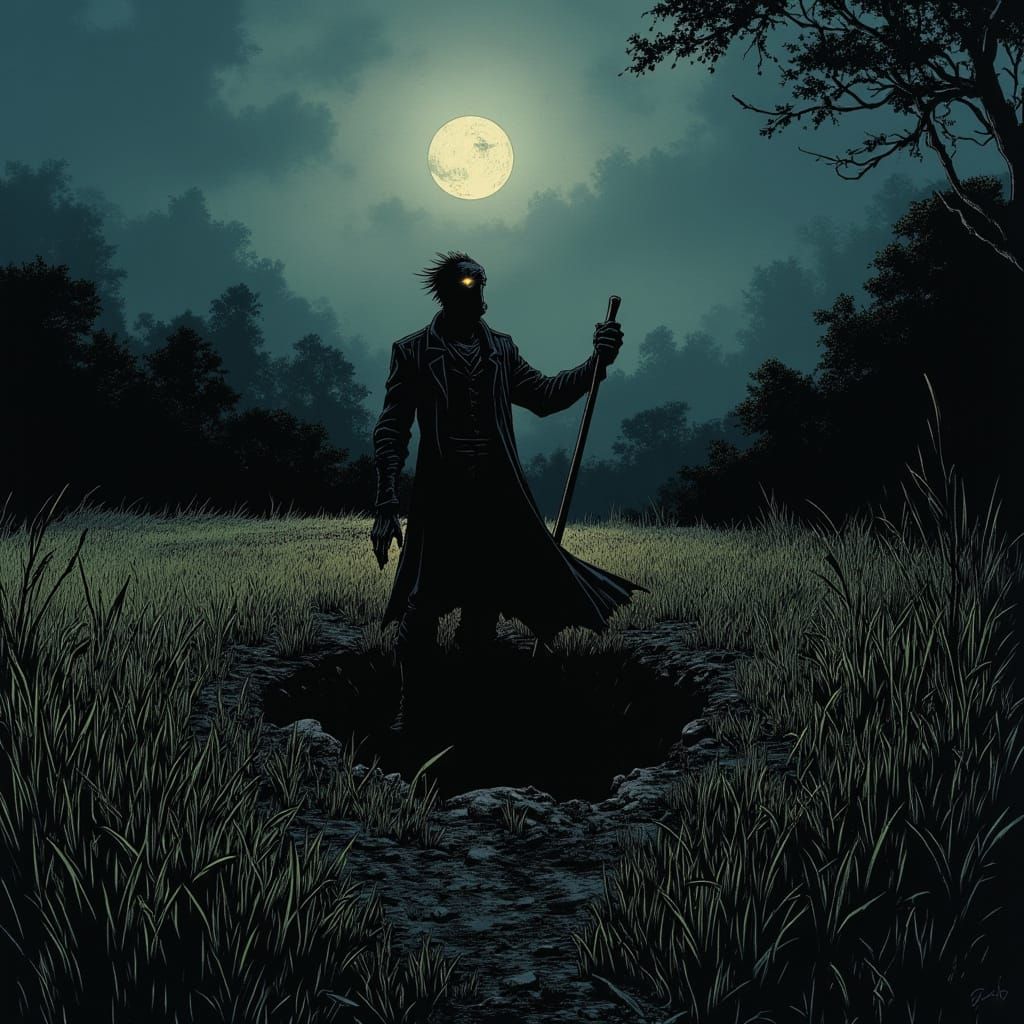 Mysterious Figure Digging at Midnight in Comic Style