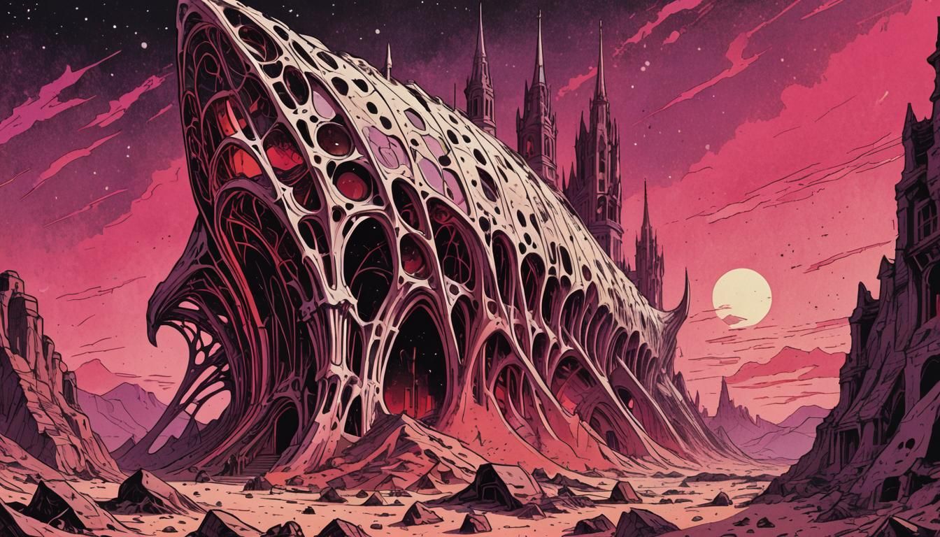 Martian Gothic Fishbone Cathedral in Comic Book Style