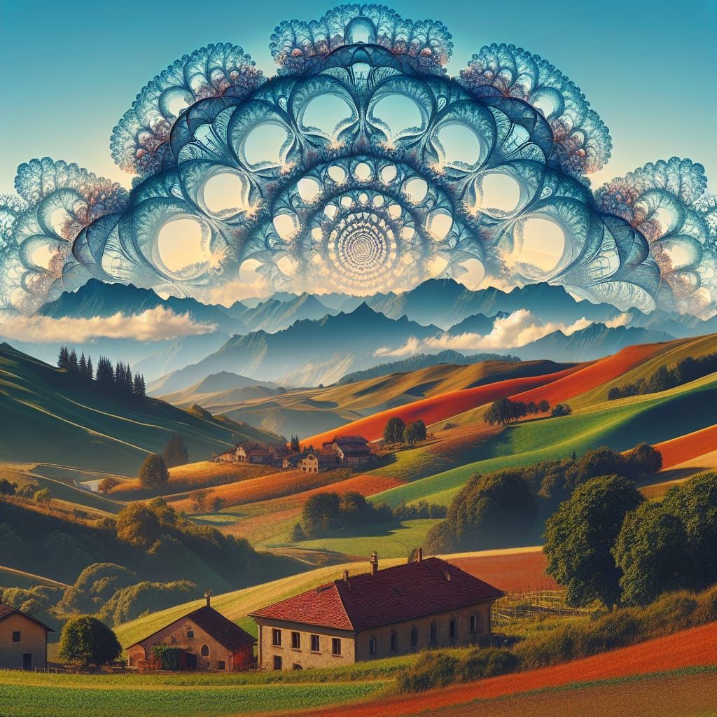Fractal Art Meets Countryside in Double Exposure
