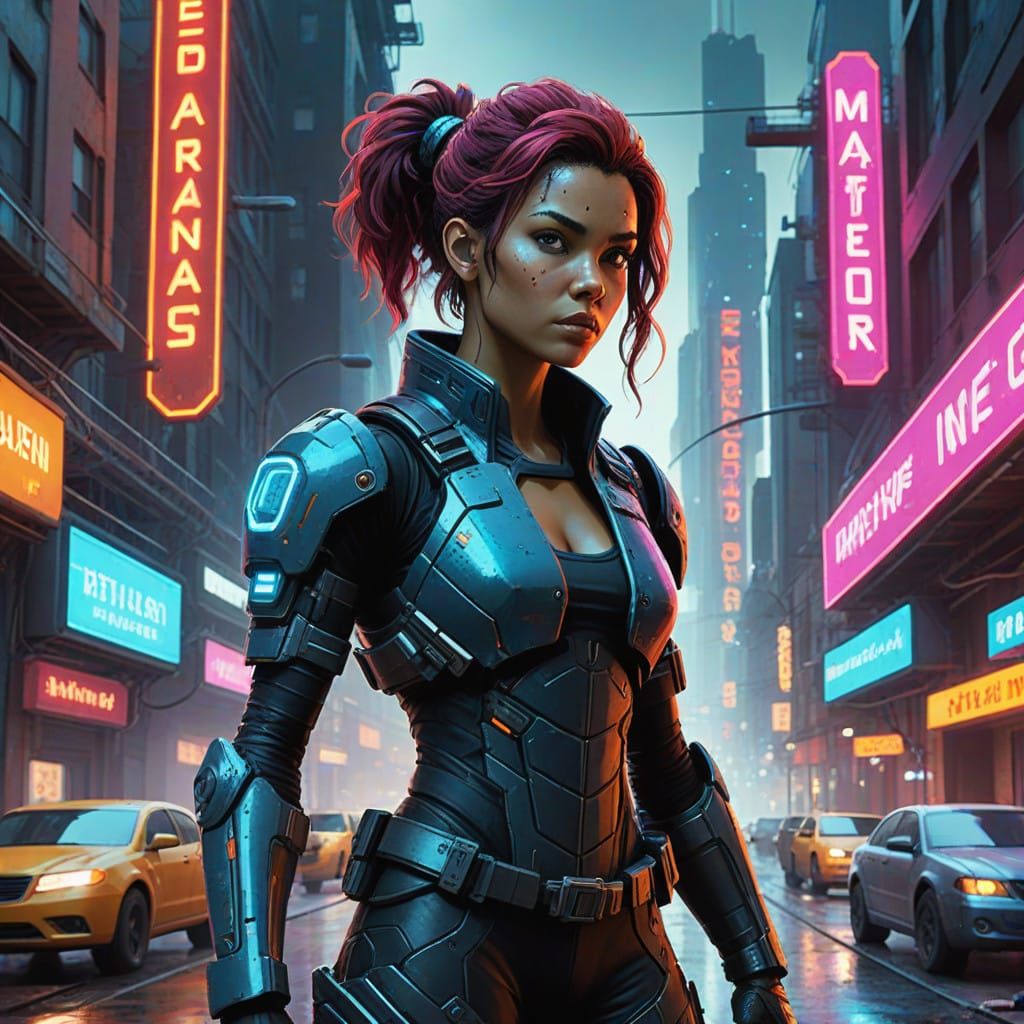 Cyberpunk Goddess of Rebellion in Neon-Lit Urban Decay