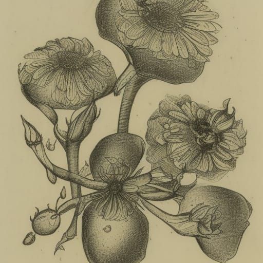 Botanical Etching of Daisies, Figs and Roses