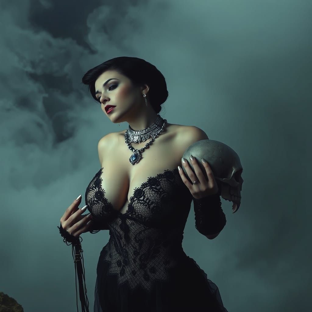 Gothic Woman at Abyss Edge in Beksiński Style