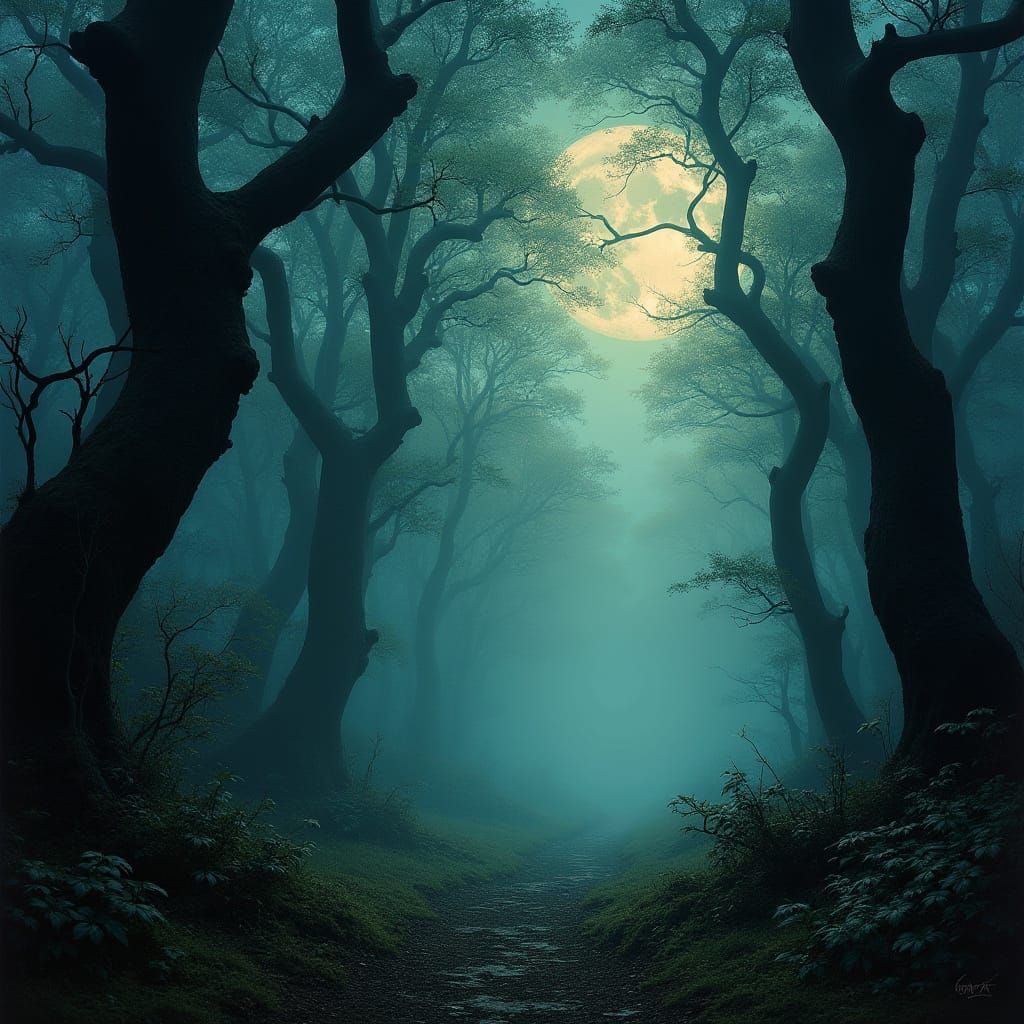 Ethereal Moonlit Forest in a Dreamlike Atmosphere