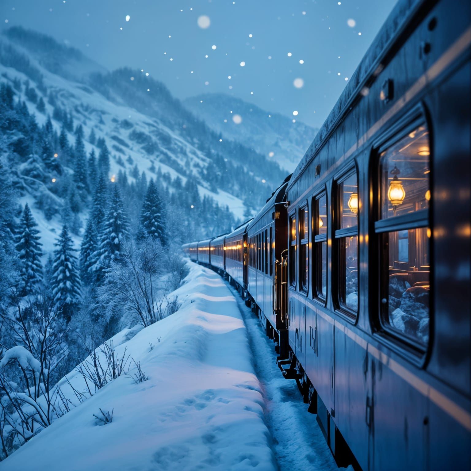 Art Deco Train Interior in Winter Blizzard