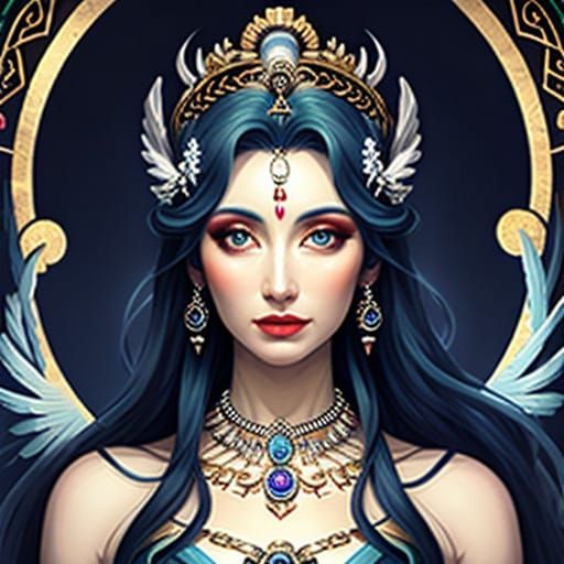 Mysterious Goddess Figure Adorned in Ethereal Attire