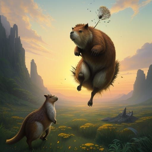 Capybara Soaring Over Prehistoric Valley in Digital Art