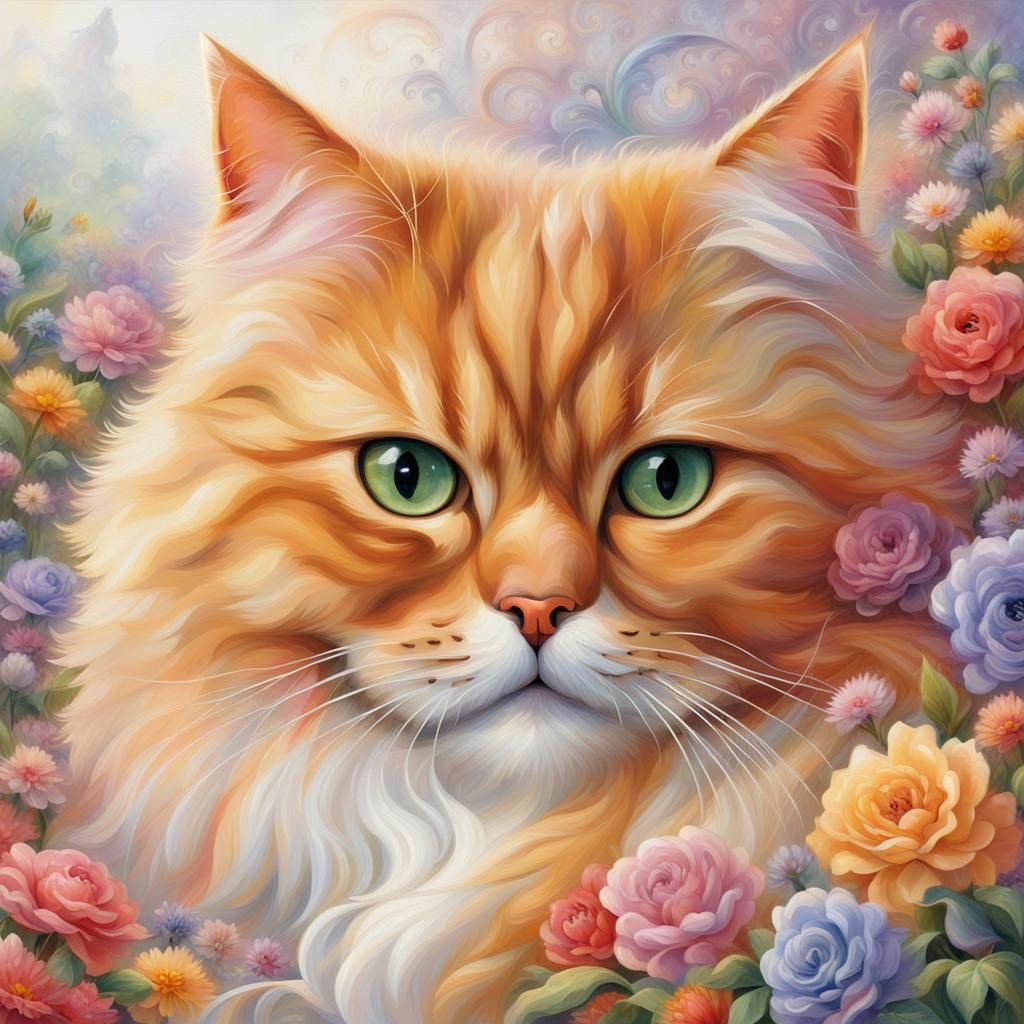 Ginger Persian Cat in Ethereal Floral Fantasy