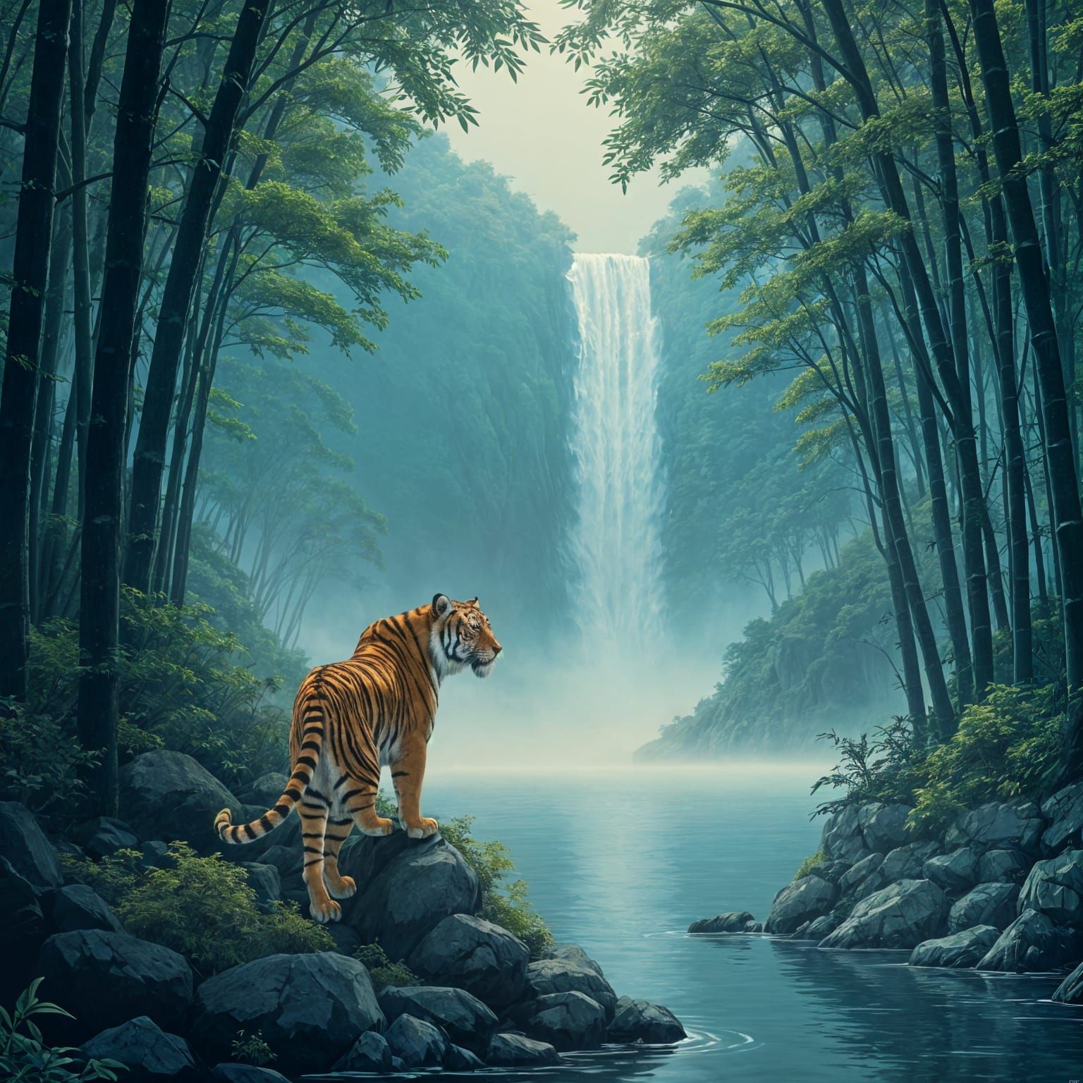 Ancient Tiger Emerges from Misty Bamboo Forest in Ukiyo-e St...