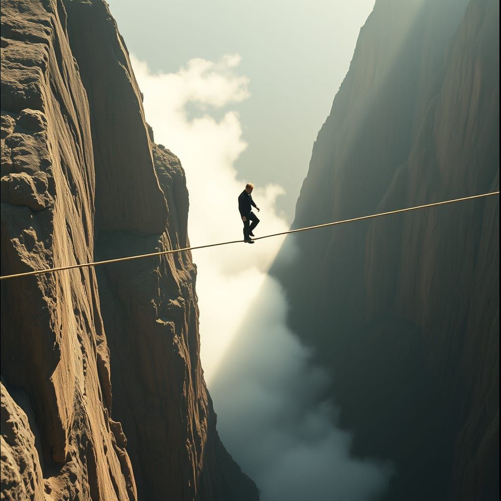 Dramatic Figure Walks a Wire Between Towering Cliffs in Cine...
