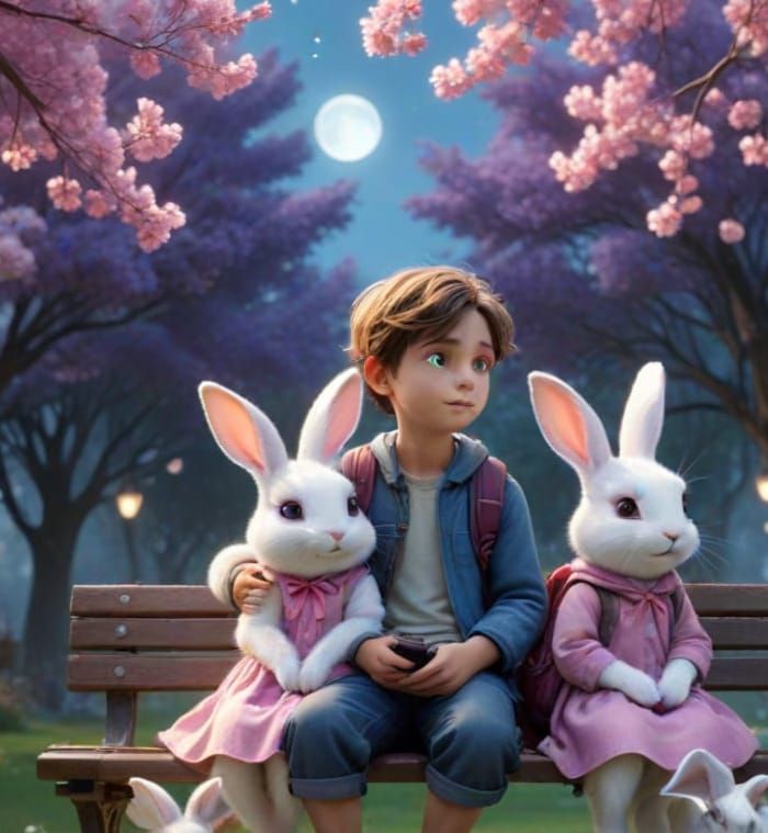 Cute Animated Character Couple of Rabbits in a Dreamy Nightt...