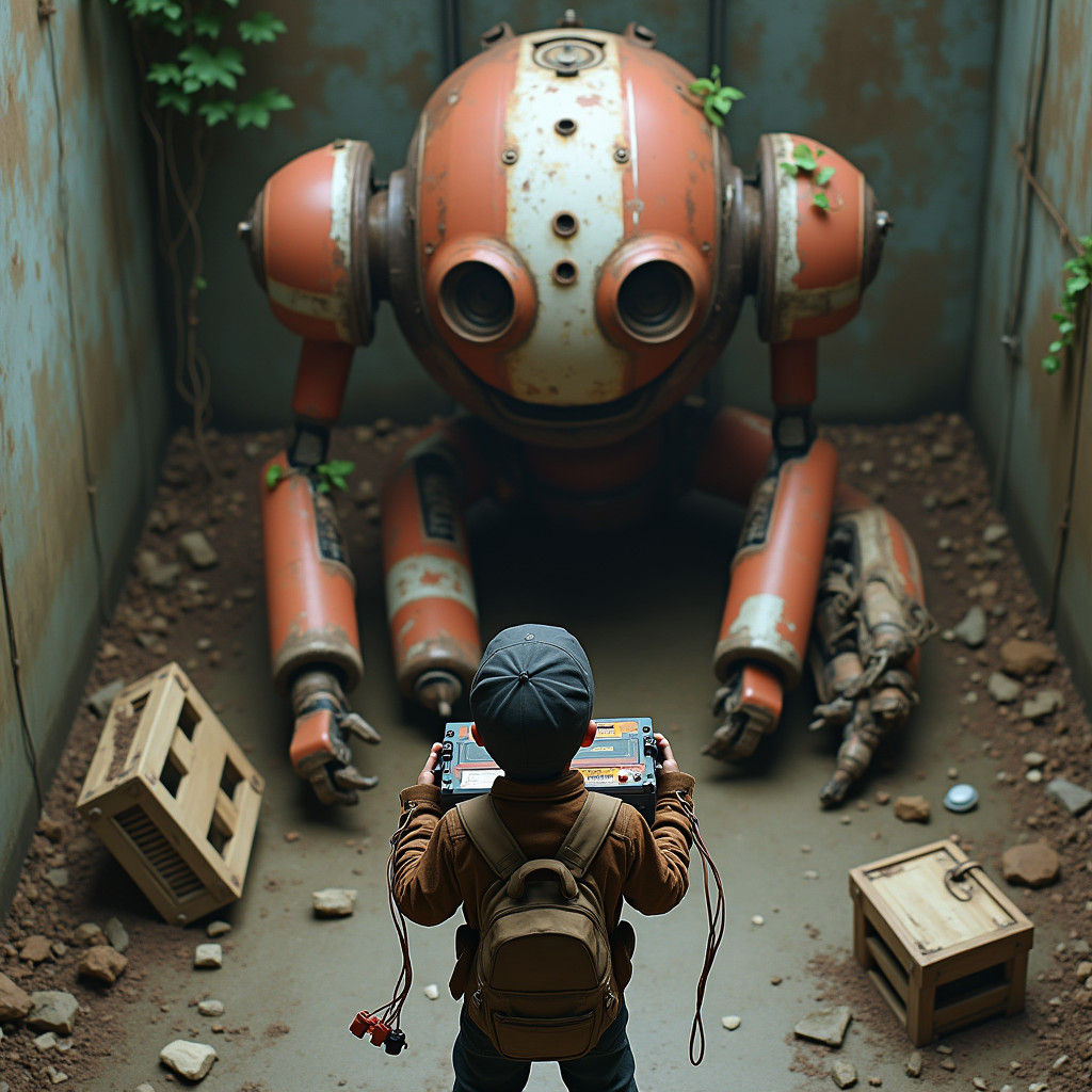 Cyberpunk Boy Discovers Weathered Robot in Post-Apocalyptic...