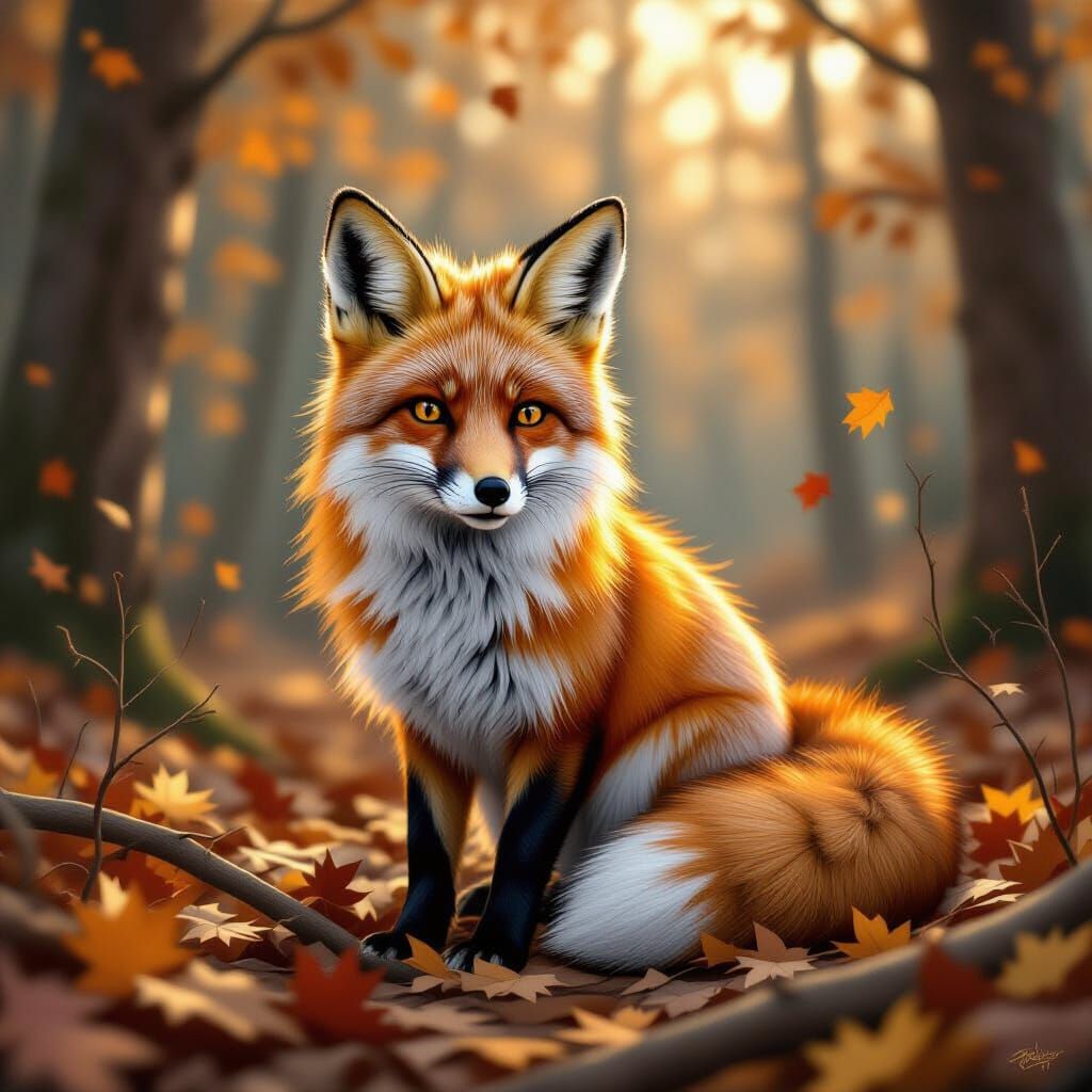 Whimsical Fox in Autumn Forest Illustration